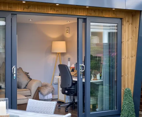 Sliding patio doors on garden studio