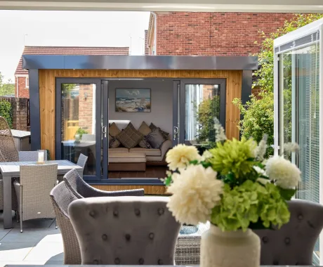 Garden studio with sliding patio doors